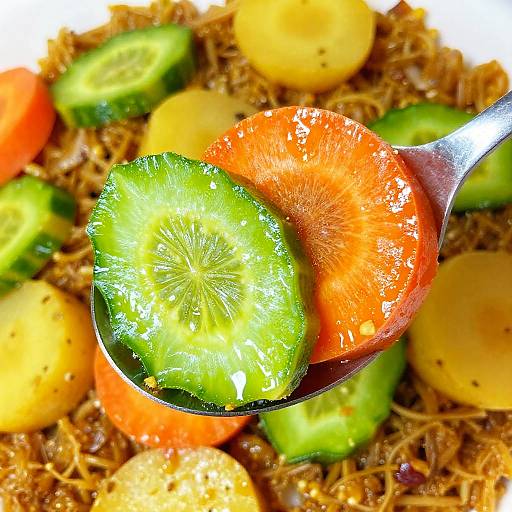 Close-Up Vibrant Pickled Veggie Spoon