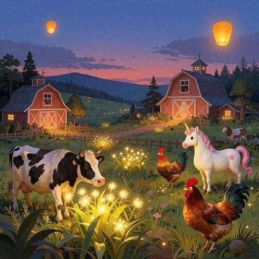 Whimsical digital painting of a magical farm at dusk, featuring a white unicorn, black-and-white cow, glowing flowers, chickens, two red barn