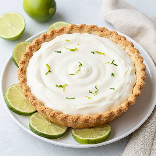Photograph of a creamy white cheesecake with a crumbly crust, garnished with cilantro, on a white plate surrounded by lime slices.