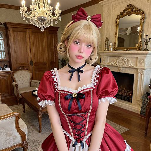 Digital illustration of a young blonde woman in a red, Victorian-style, lace-trimmed dress with black ribbon, seated in an elegant, chandelier