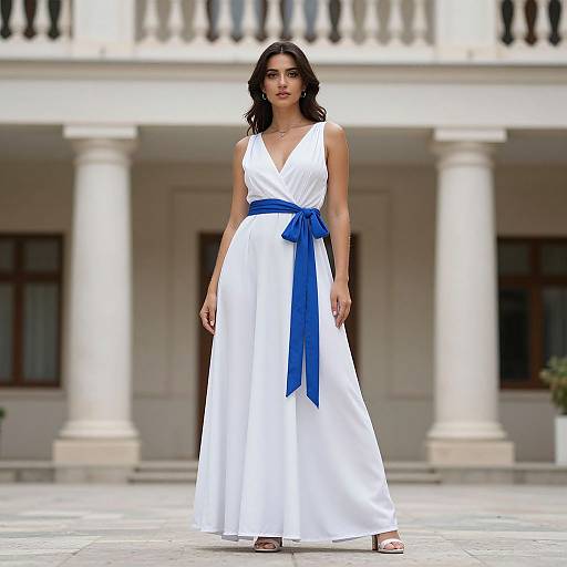 Photograph of a dark-haired woman in a sleeveless white dress with a blue ribbon tie, standing in front of a classical white-columned building.