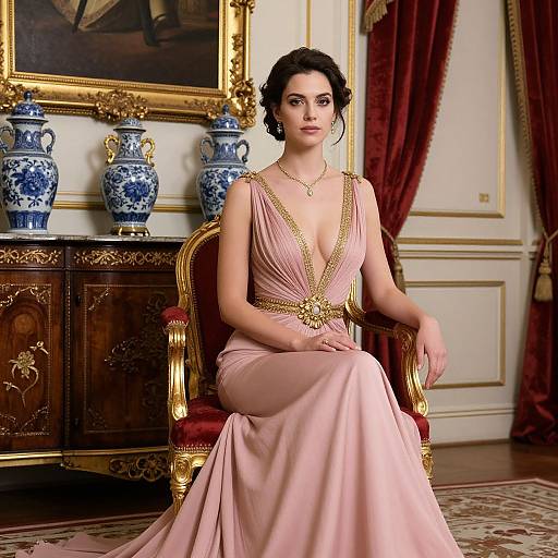 Photograph of a brunette woman in a pink, deep V-neck gown with gold trim, seated on an ornate red chair in a lavish, gold
