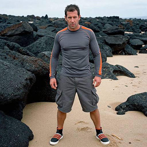 Photograph of a muscular, dark-haired man in a gray, long-sleeve athletic shirt and gray shorts, standing on a sandy beach with large