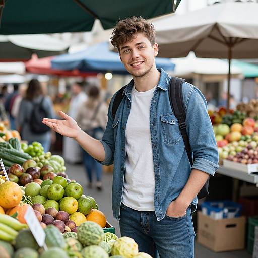 Photograph of a smiling young man with curly brown hair, wearing a denim shirt and white t-shirt, standing at a colorful outdoor market, gesturing