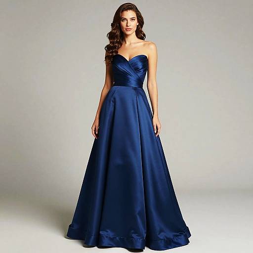 Photograph of a woman with long brown wavy hair, wearing a strapless, deep blue, satin evening gown, standing against a plain light gray