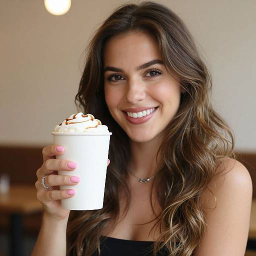 Photograph of a smiling woman with long brown wavy hair, holding a white cup with whipped cream, wearing a black strapless top, in a