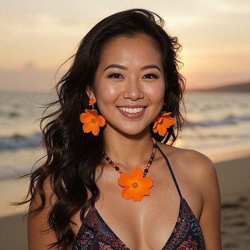Photograph of a smiling Asian woman with long, wavy black hair, wearing orange flower earrings and necklace, black patterned bikini, on a beach