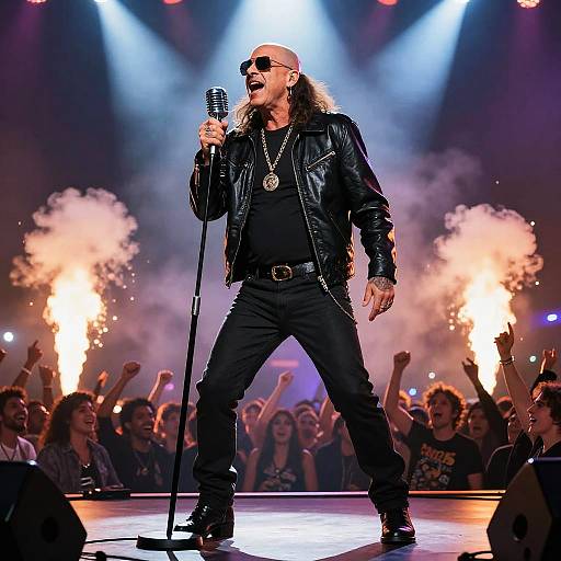 Rock singer with long hair, sunglasses, black leather jacket, and black pants, singing into a microphone on stage with pyrotechnic fireworks and a