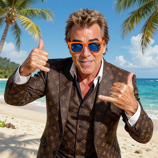 Middle-aged man with spiky brown hair, orange sunglasses, dark patterned suit, white shirt, thumbs up, tropical beach background with palm trees and
