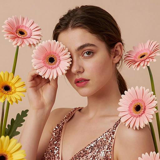 Young Woman Surrounded by Vibrant Flowers