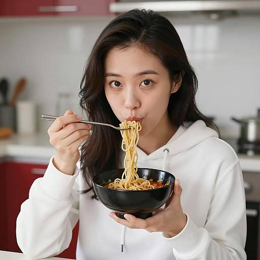 Asian Woman Enjoying Noodles at Home
