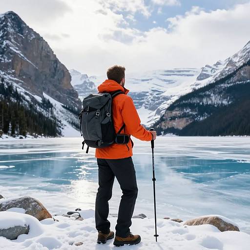 Hiker Gazing at Frozen Mountain Lake