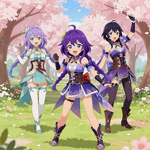 Three colorful anime girls with purple, blue, and black hair stand under cherry blossoms, smiling and waving. Bright, springtime backdrop. Digital art