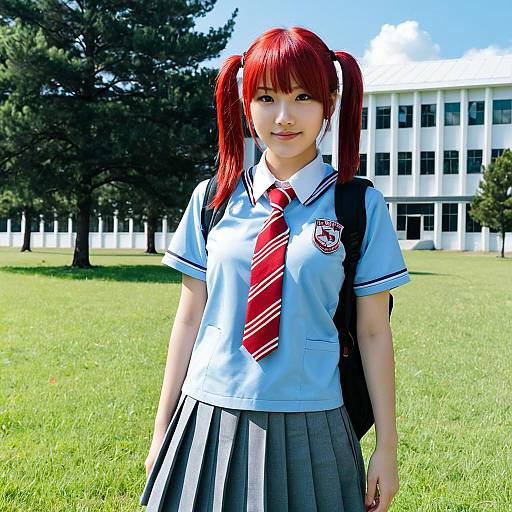 Young Woman in School Uniform with Red Pigtails