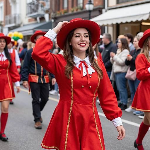 Photograph of a smiling woman in a red dress and hat, white collar, gold trim, standing in a bustling street parade.
