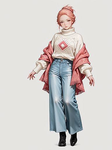 Digital anime-style drawing of a pink-haired woman in a white turtleneck, blue high-waisted jeans, red fringed cardigan, and