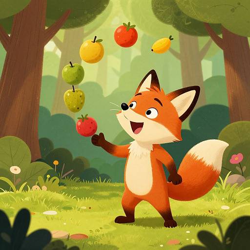 Playful Cartoon Fox Juggling Fruits