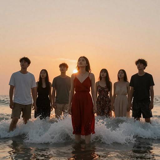 Group Standing in Ocean Waves at Sunset