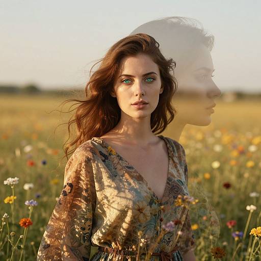 Photograph of a fair-skinned woman with wavy brown hair, green eyes, wearing a floral blouse, standing in a sunlit meadow of