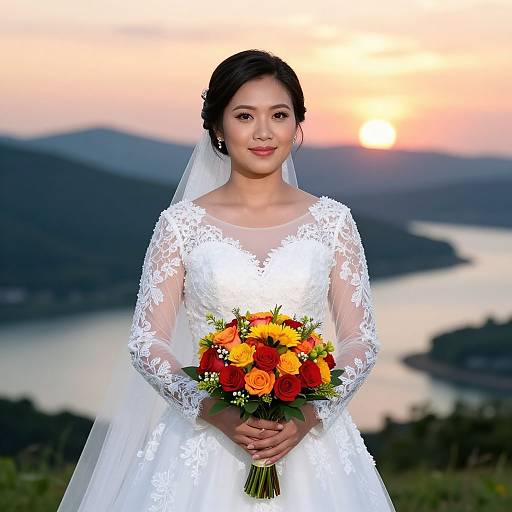 Asian bride in white lace wedding dress holding vibrant red, yellow, and orange bouquet, standing against sunset over mountain lake. Photograph.