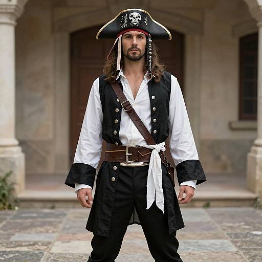 Photograph of a bearded man with long brown hair, wearing a black pirate hat, white shirt, black vest, and pants, standing in front