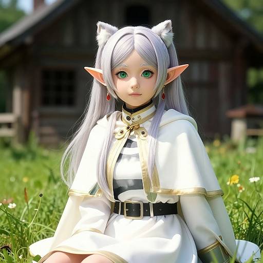 Digital anime-style drawing of a cute, young elven girl with long white hair, green eyes, cat ears, and white robe, sitting in a