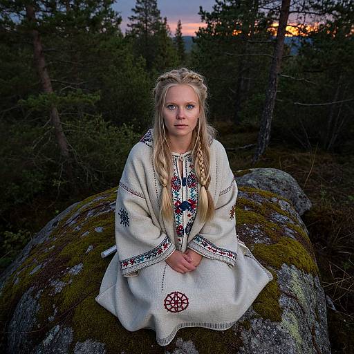 Photograph of a blonde girl with braided hair, wearing a white embroidered folk dress, sitting on a mossy rock at sunset in a dense forest