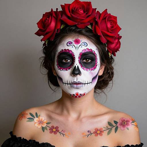 Photograph of a woman with black, white, and red sugar skull face paint, red flower crown, floral tattoos, and black off-shoulder