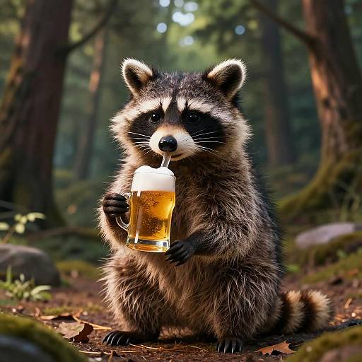 Photorealistic CGI of a fluffy raccoon holding a frothy beer mug in a sunlit forest, surrounded by moss-covered rocks and tall trees.