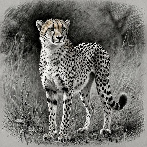Digital drawing of a standing cheetah with detailed black spots on white fur, dark, textured background, and grass at its feet.