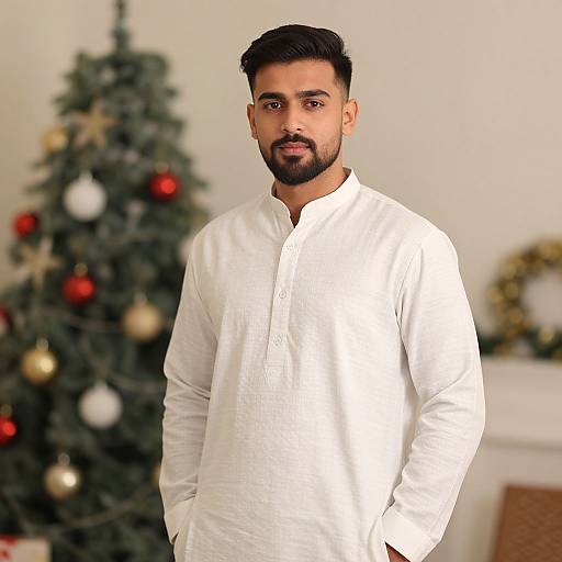 Photograph of a bearded man with dark hair, wearing a white long-sleeve shirt, standing in front of a decorated Christmas tree with red