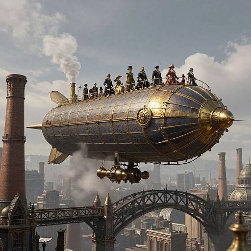 Steampunk-style airship with golden accents and smoke, carrying dressed figures over an industrial cityscape with smokestacks and arched bridges.