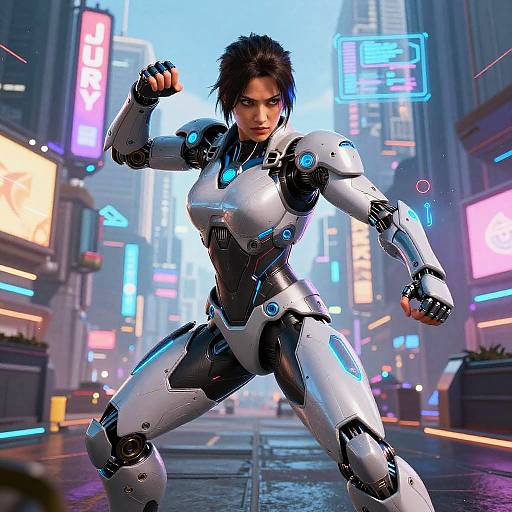 CGI image of a fierce, black-haired woman in a white and black cybernetic suit, striking a powerful pose in a neon-lit,