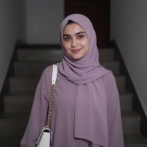 Young Woman in Purple Hijab on Staircase