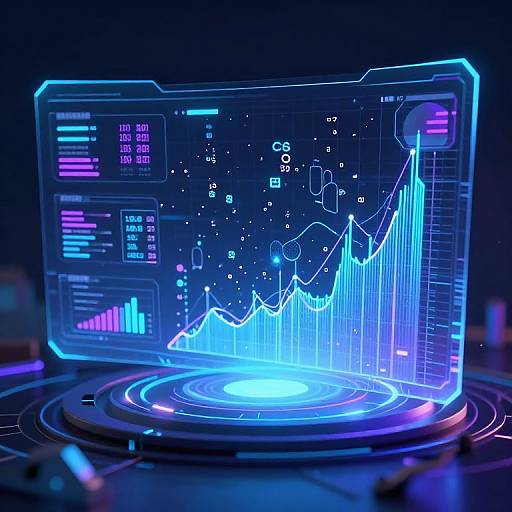 Neon blue holographic graph on a futuristic, glowing interface displaying a rising line chart and various data metrics, set against a dark background.
