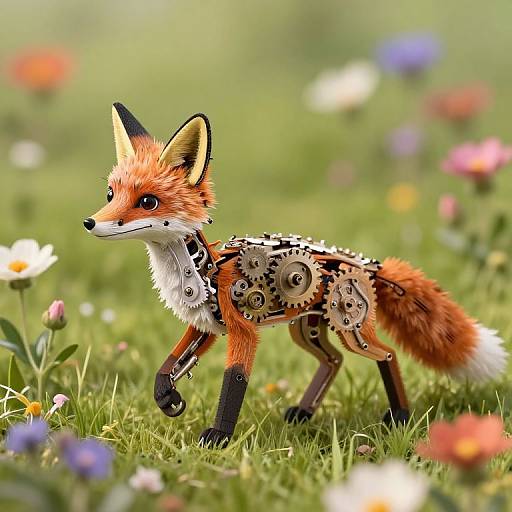 Photorealistic digital artwork of a fox with gears and cogs on its body, walking through a vibrant, colorful meadow.