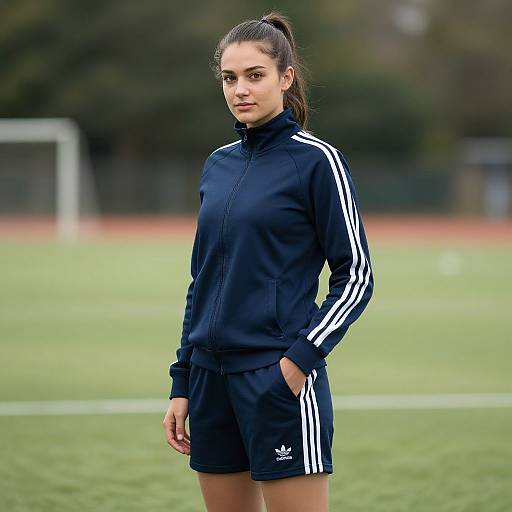 Confident Woman in Navy Adidas Tracksuit
