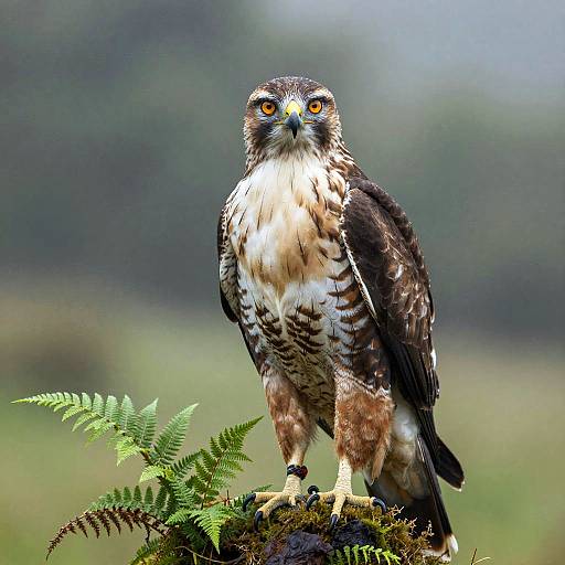 Realistic Hawk in Misty Fern Background
