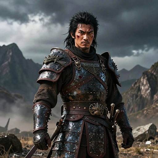 Photorealistic CGI of a fierce, dark-haired warrior with blood on his face, wearing battered, metallic armor, standing in a rocky, mountainous