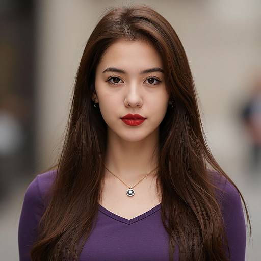 Photograph of a young woman with long, straight brown hair, fair skin, red lipstick, wearing a purple top and a small gold necklace, standing