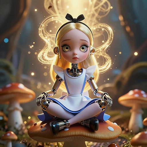 Digital art: mechanical doll with blonde hair, large eyes, white dress, black bow, seated on glowing mushroom in enchanted forest.