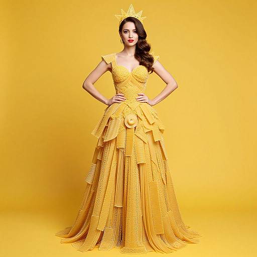 Photograph of a confident woman in a golden, ruffled, floor-length dress with intricate beadwork, wearing a crown, against a solid yellow background
