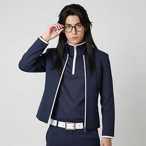 Photograph of a slender Asian man with long black hair, wearing black-rimmed glasses, a navy suit with white trim, and a white belt