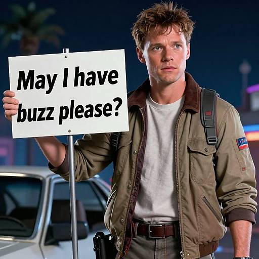 Photograph of a serious-looking, short-haired man in a green bomber jacket, holding a sign reading 