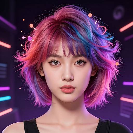 Digital portrait of a young Asian woman with vibrant pink and blue hair, glowing neon background, and focused expression.