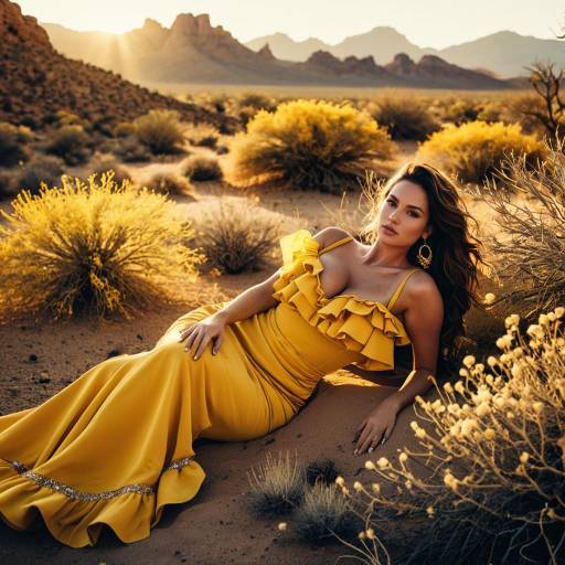 Glamorous Model in Yellow Gown Reclining in Desert