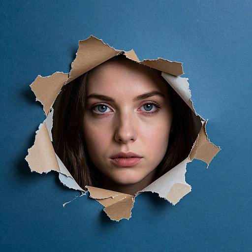 Photograph of a woman's face with blue eyes, brown hair, and neutral expression, emerging through a torn brown paper hole in a blue background.