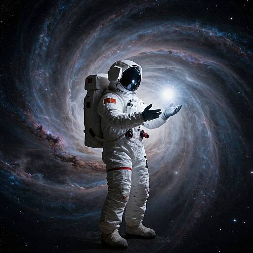 Photograph-style CGI of a lone astronaut in a white spacesuit, holding a bright light, standing in a swirling cosmic galaxy.