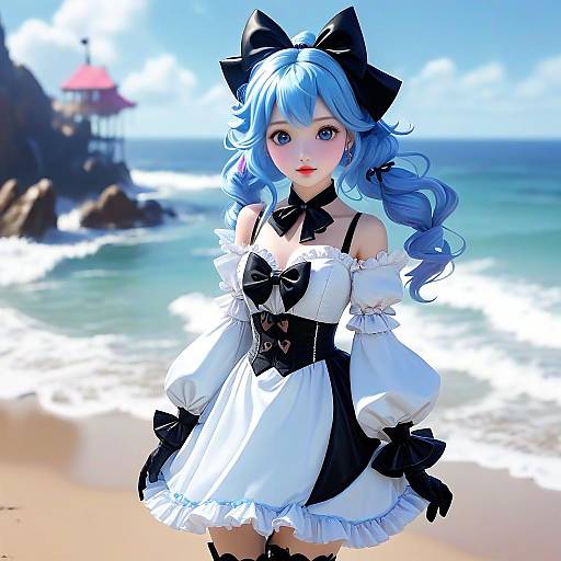 Digital anime-style drawing of a blue-haired girl with twin tails, wearing a black and white frilled dress, black bows, and gloves, on a
