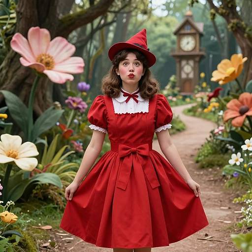Photograph-style digital illustration of a fair-skinned woman with wavy brown hair in a red Little Red Riding Hood dress, standing in a colorful,